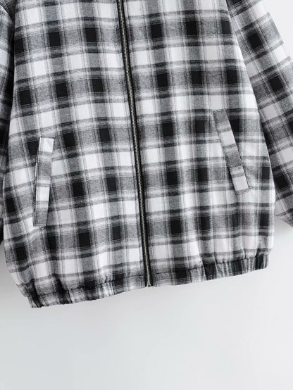 Zipper Stand Collar Geometry Plaid Elastic Sleeves Outerwear