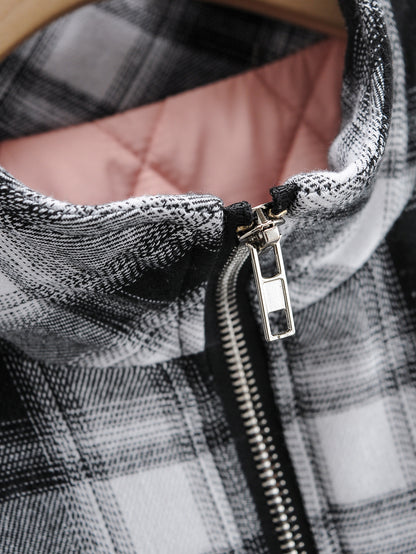 Zipper Stand Collar Geometry Plaid Elastic Sleeves Outerwear