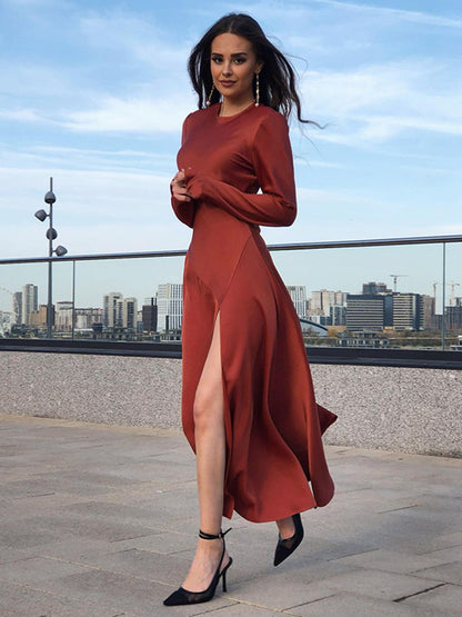 Round Neck Slit Leg Silk Party Maxi Midi Dresses