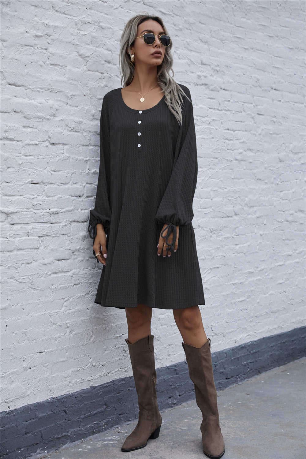 Lace-up Knit Round Neck Lantern Sleeve Mini Dresses