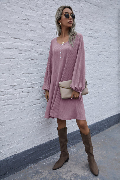 Lace-up Knit Round Neck Lantern Sleeve Mini Dresses