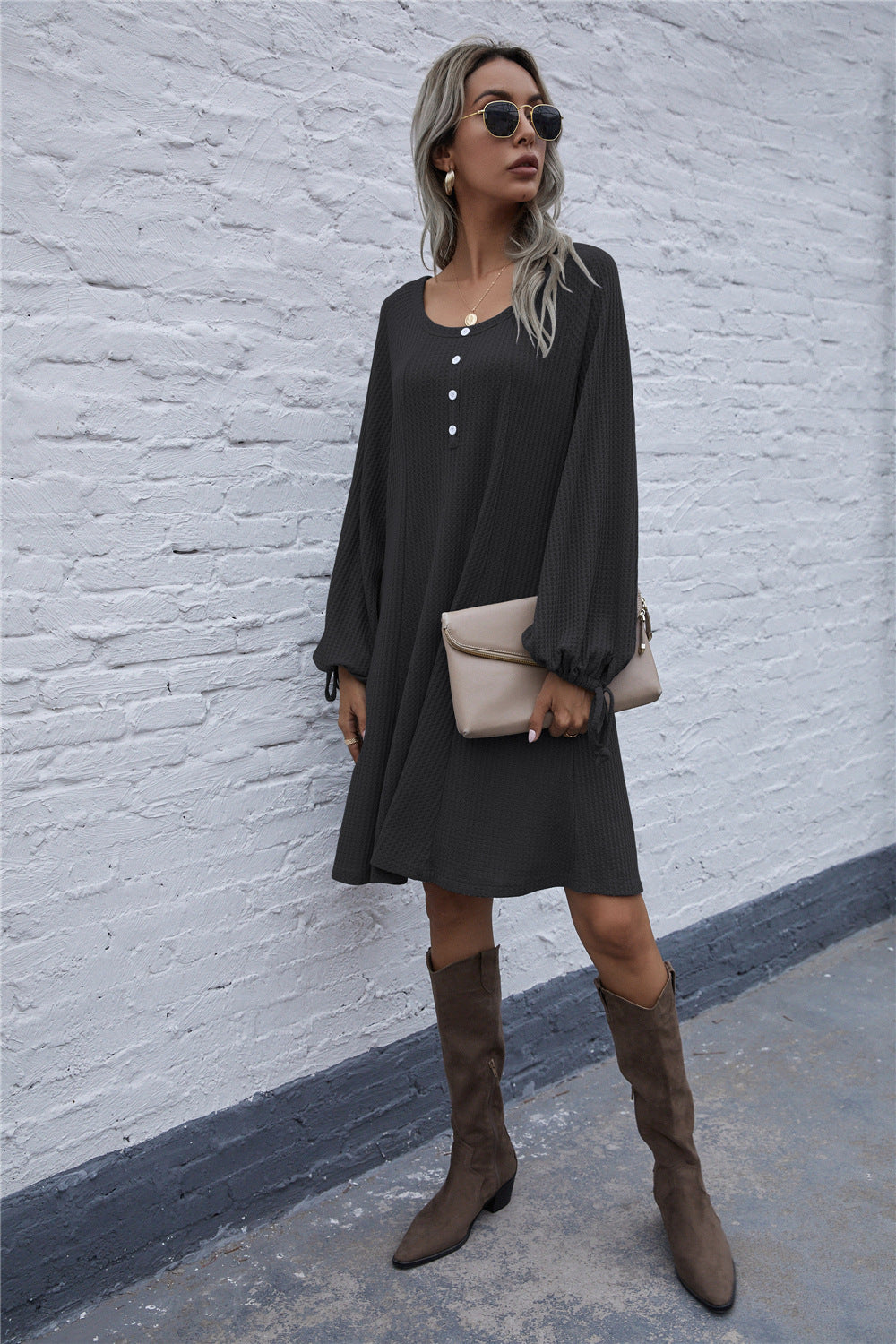 Lace-up Knit Round Neck Lantern Sleeve Mini Dresses