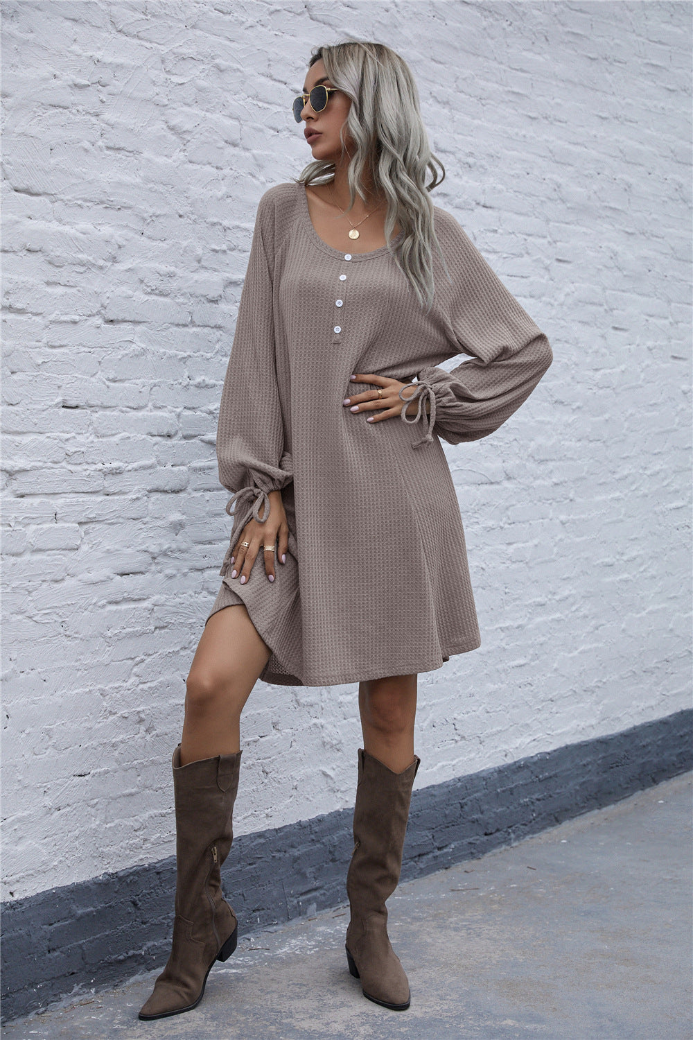 Lace-up Knit Round Neck Lantern Sleeve Mini Dresses