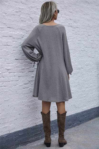 Lace-up Knit Round Neck Lantern Sleeve Mini Dresses