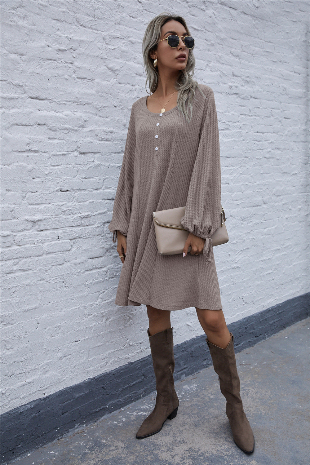 Lace-up Knit Round Neck Lantern Sleeve Mini Dresses