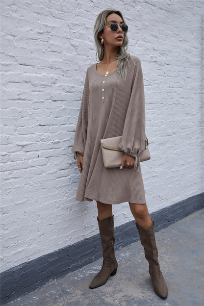 Lace-up Knit Round Neck Lantern Sleeve Mini Dresses