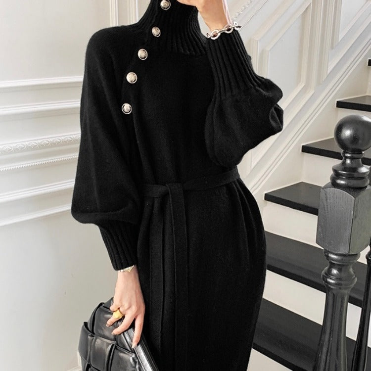 Knit High Collar Lace-up Puff Sleeve Sweater Midi Dresses