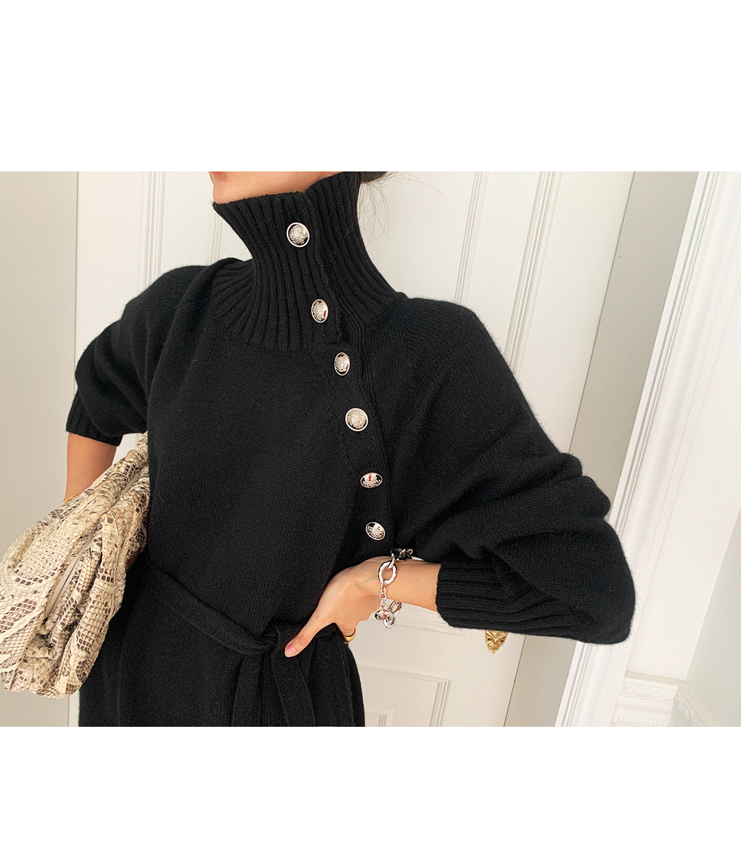Knit High Collar Lace-up Puff Sleeve Sweater Midi Dresses
