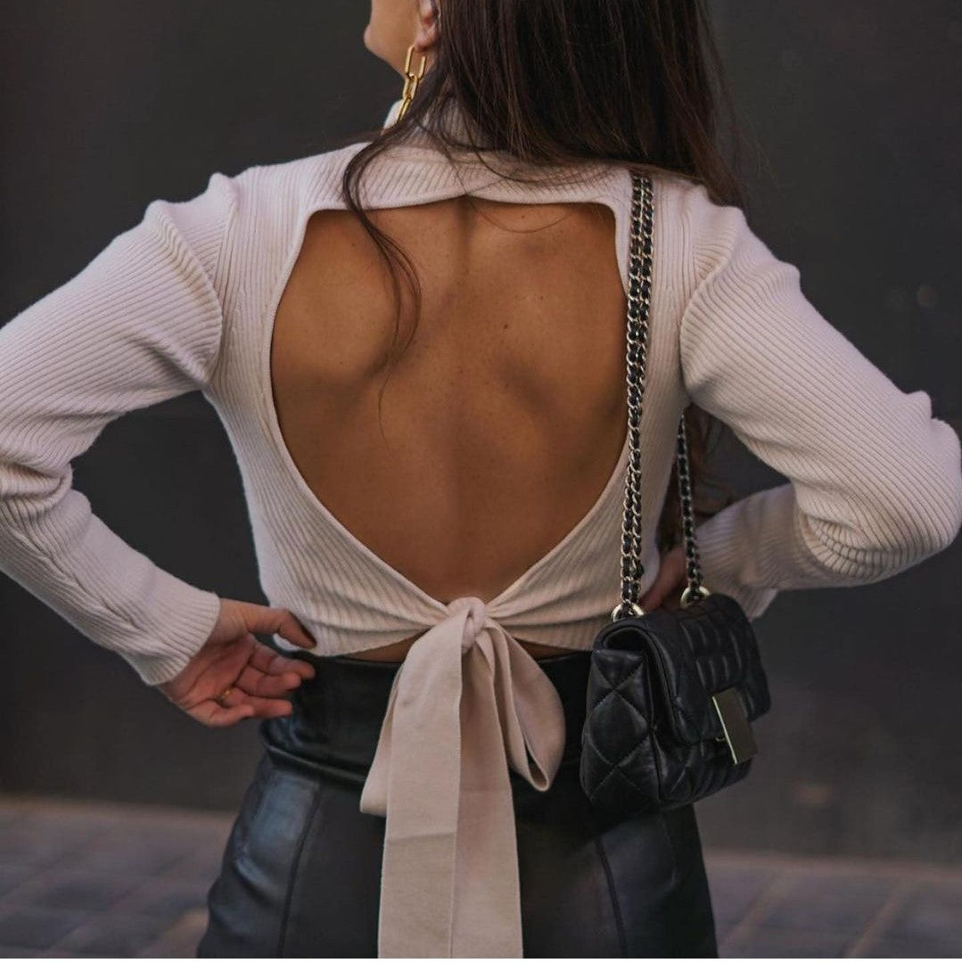 High Collar Bow Knot Backless Knit Sweaters White
