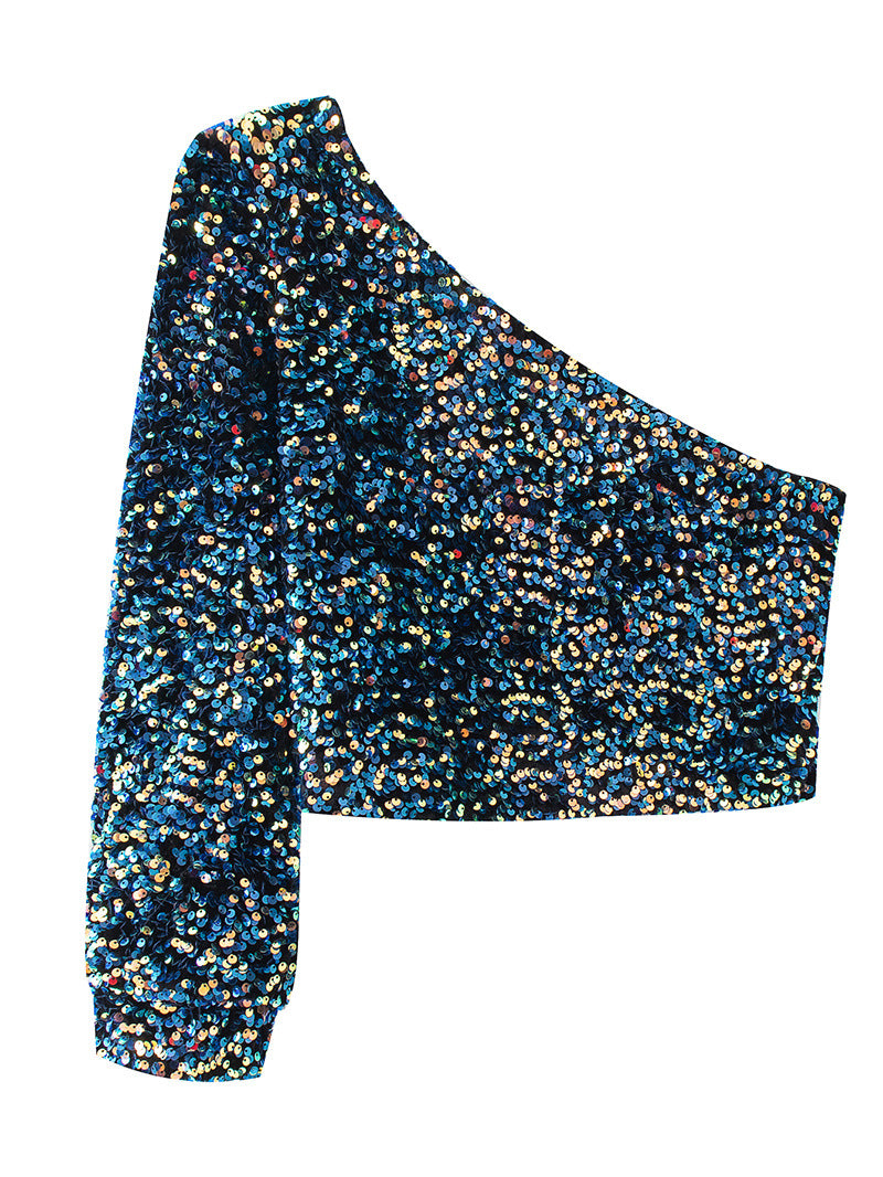 Beads Sequins Embroidered Round Neck One Shoulder Blouses