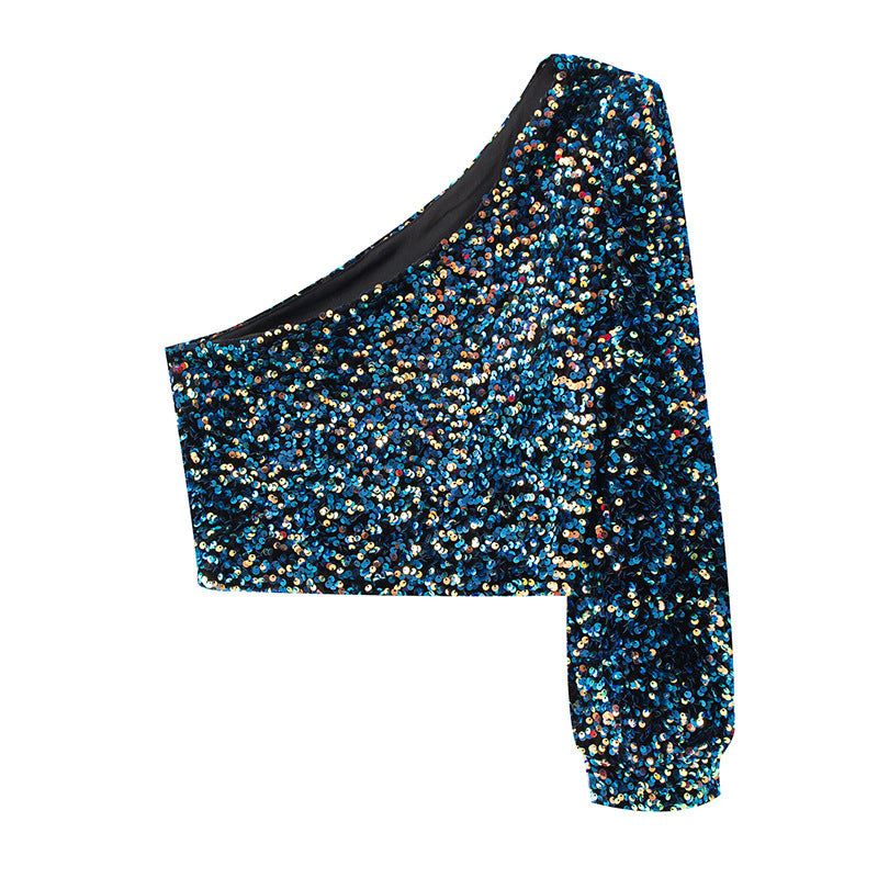 Beads Sequins Embroidered Round Neck One Shoulder Blouses