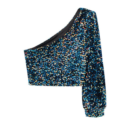 Beads Sequins Embroidered Round Neck One Shoulder Blouses