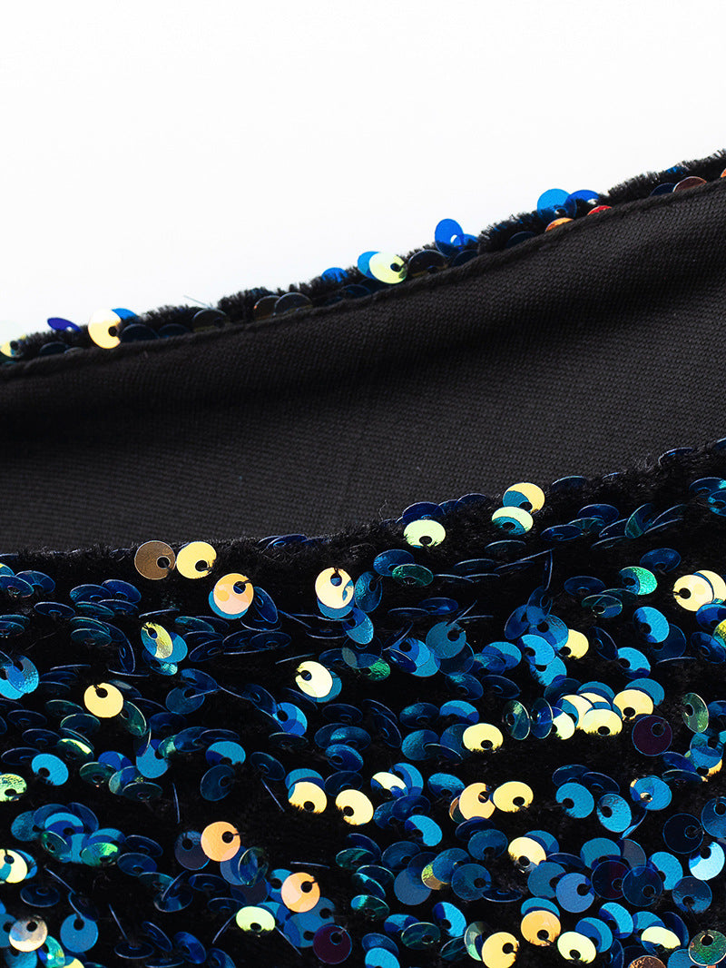 Beads Sequins Embroidered Round Neck One Shoulder Blouses
