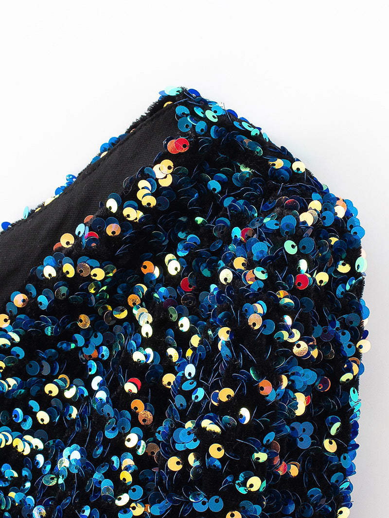 Beads Sequins Embroidered Round Neck One Shoulder Blouses