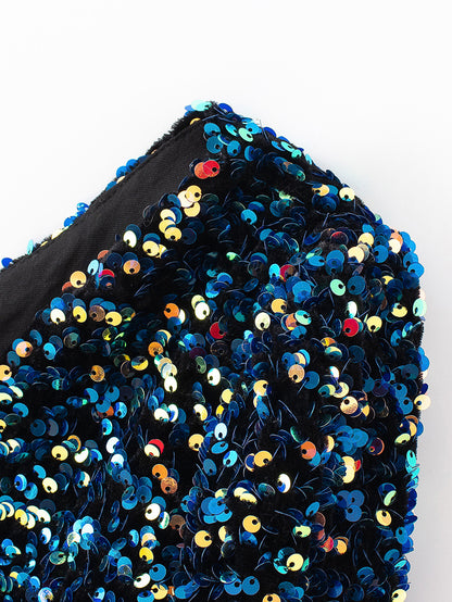 Beads Sequins Embroidered Round Neck One Shoulder Blouses