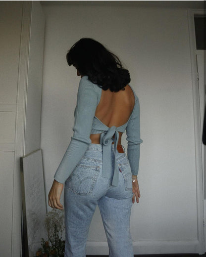 High Collar Bow Knot Backless Knit Sweaters White