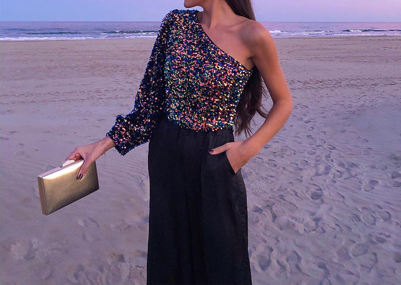 Beads Sequins Embroidered Round Neck One Shoulder Blouses