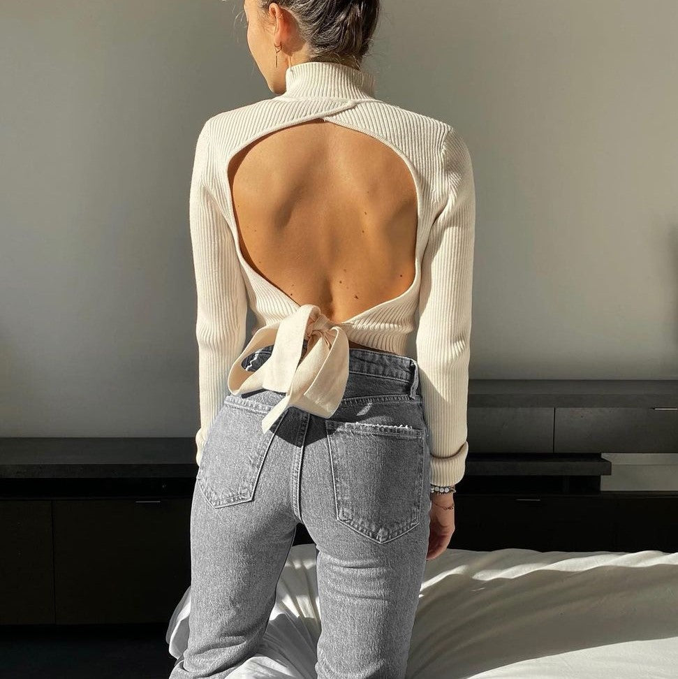 High Collar Bow Knot Backless Knit Sweaters Apricot
