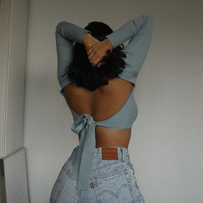 High Collar Bow Knot Backless Knit Sweaters