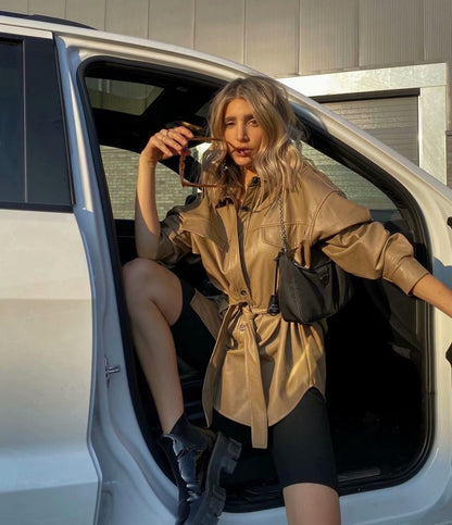 Lapel Single-breasted Lace-up Leather Cardigans Coat Outerwear