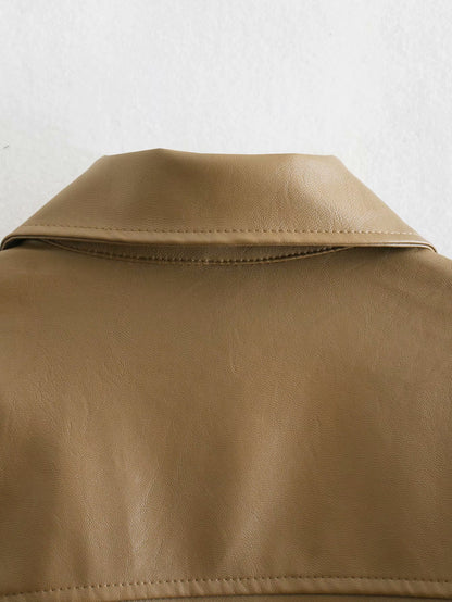 Lapel Single-breasted Lace-up Leather Cardigans Coat Outerwear