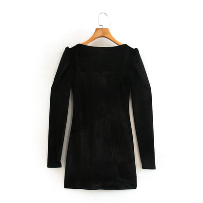 Black Square Collar Vintage Velvet Party Bodycon Mini Dresses