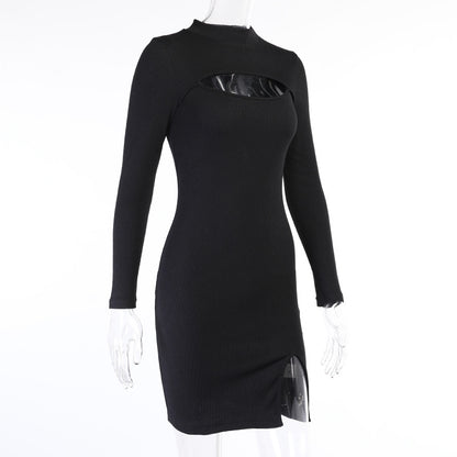Hollow-out Round Neck Slit Leg Sweater Midi Bodycon Mini Dresses