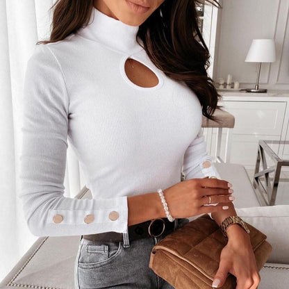 High-collared Hollow-out Button Sleeve Knit Shirts