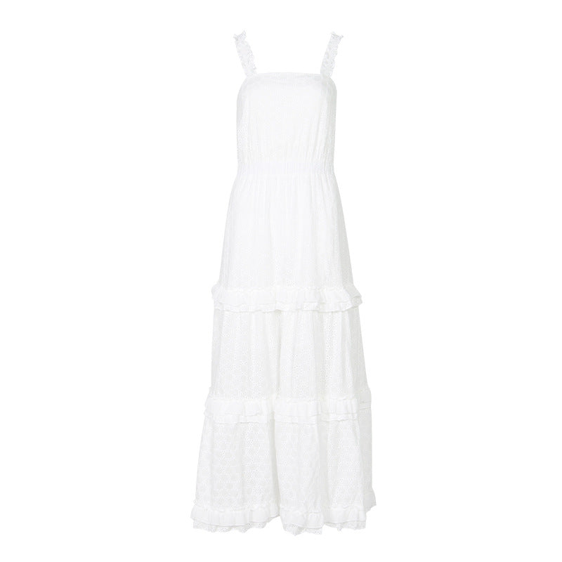 Hollow Lace Ruffle Stitching Strap Bodycon Evening Maxi Dresses