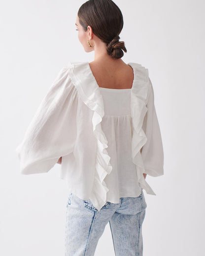 Square Collar Ruffled Lantern Sleeve Shirts Blouses