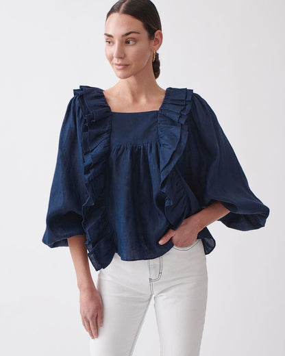 Square Collar Ruffled Lantern Sleeve Shirts Blouses