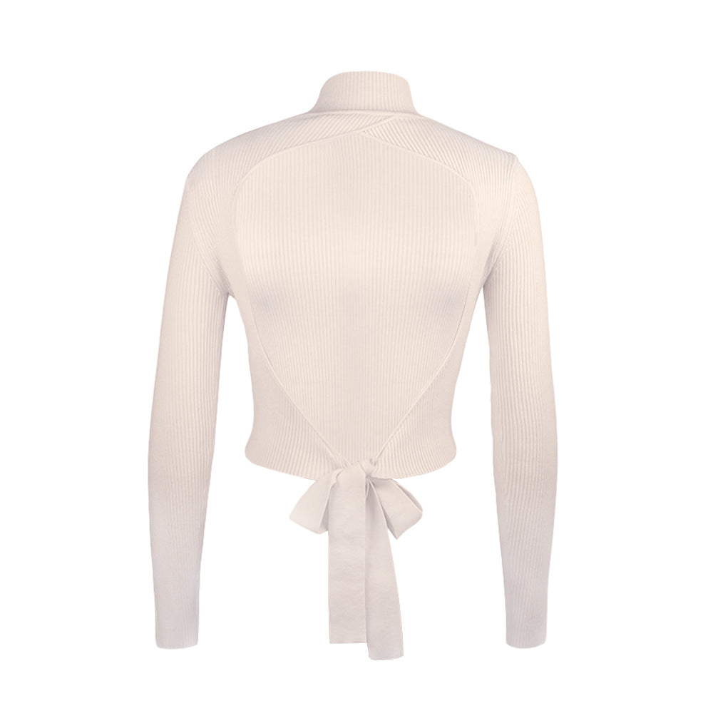 High Collar Bow Knot Backless Knit Sweaters Apricot
