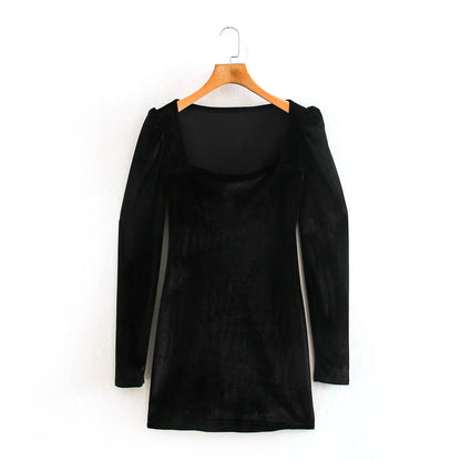 Black Square Collar Vintage Velvet Party Bodycon Mini Dresses