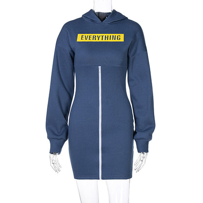 Zipper Round Neck Hoodies Sweatshirts Printed Mini Dresses