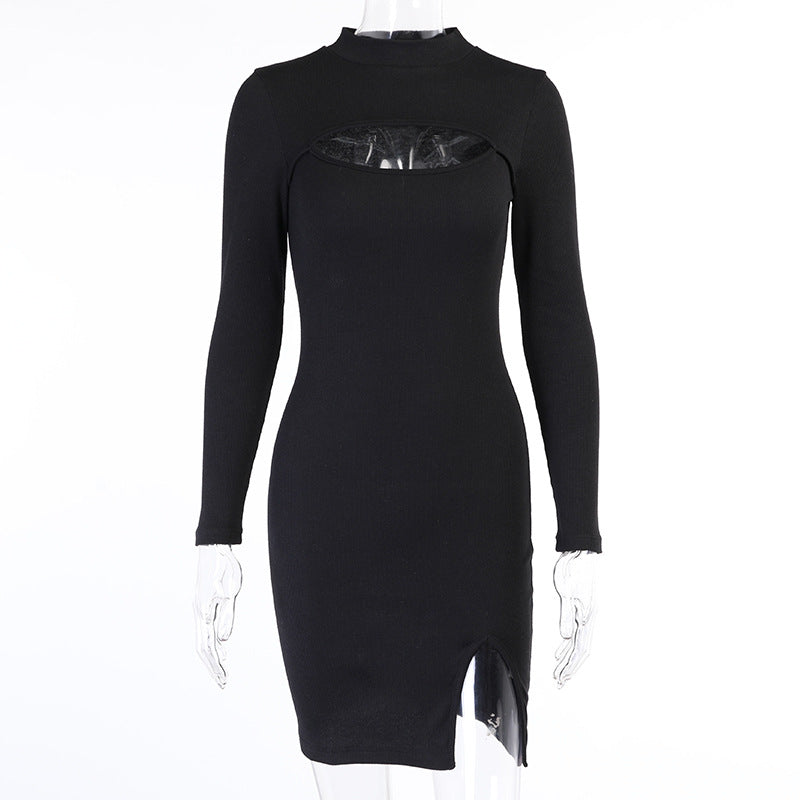 Hollow-out Round Neck Slit Leg Sweater Midi Bodycon Mini Dresses