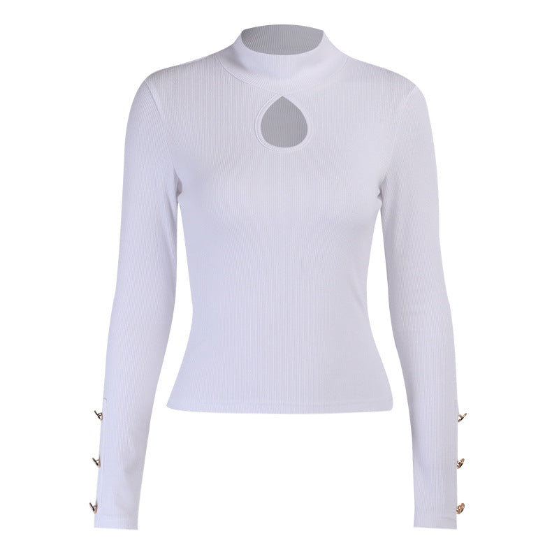 High-collared Hollow-out Button Sleeve Knit Shirts