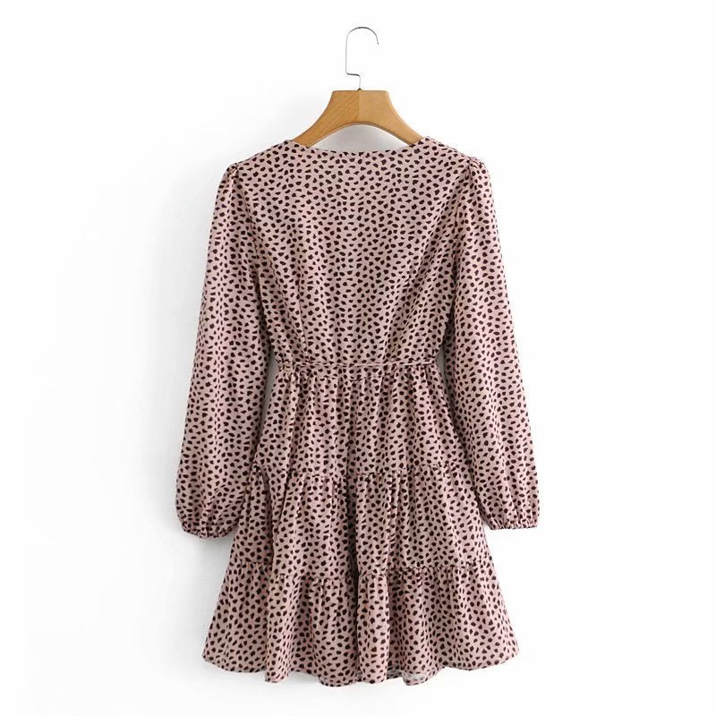 V-neck Lace-up Shirred Frill Polka Dot Floral Mini Dresses