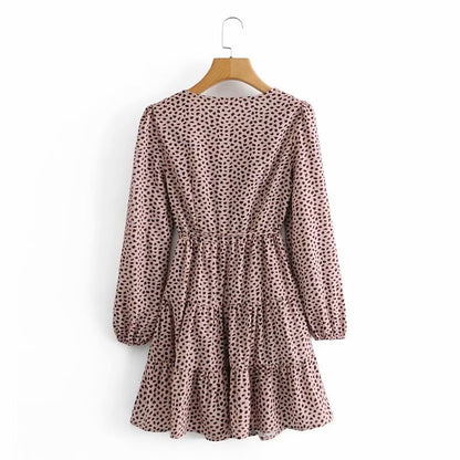 V-neck Lace-up Shirred Frill Polka Dot Floral Mini Dresses