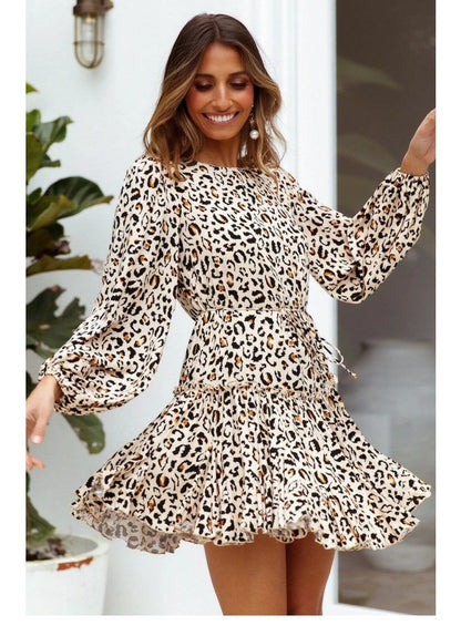Lace-up Elastic Sleeve Ruffled Floral Mini Dresses