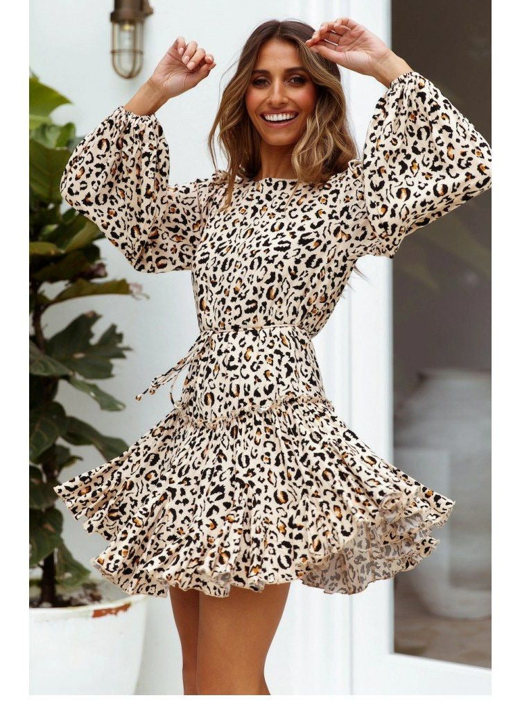 Lace-up Elastic Sleeve Ruffled Floral Mini Dresses