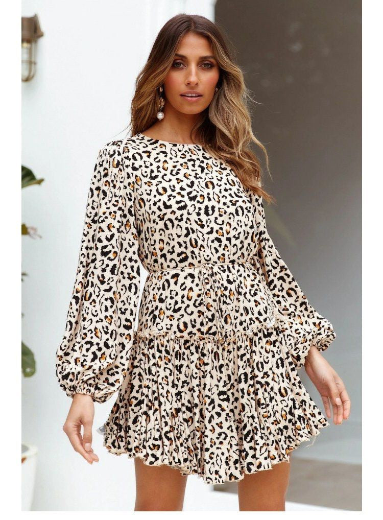 Lace-up Elastic Sleeve Ruffled Floral Mini Dresses