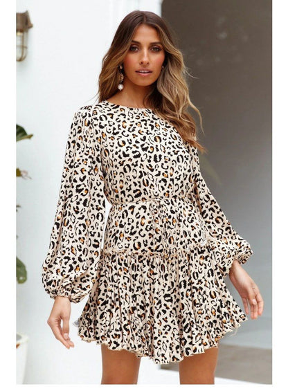 Lace-up Elastic Sleeve Ruffled Floral Mini Dresses