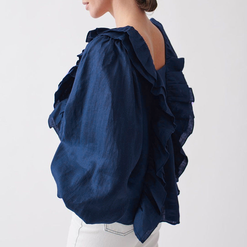 Square Collar Ruffled Lantern Sleeve Shirts Blouses