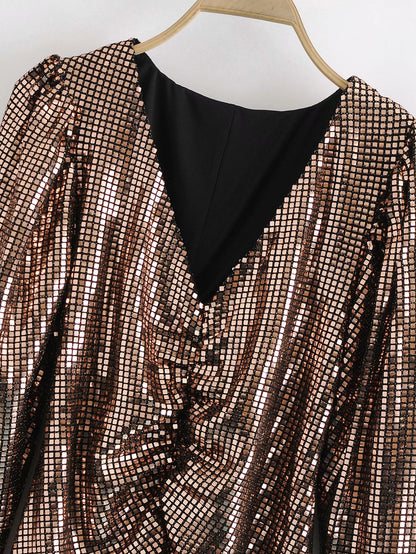 V-neck Sequins Shirred Frill Party Bodycon Mini Dresses
