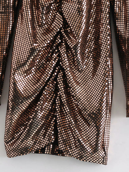 V-neck Sequins Shirred Frill Party Bodycon Mini Dresses