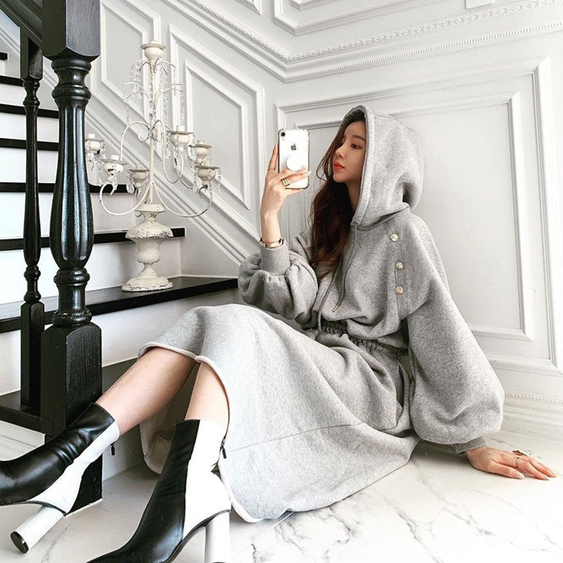 Puff Sleeve Hooded Hoodies Sweatshirts Coat Midi Dresses