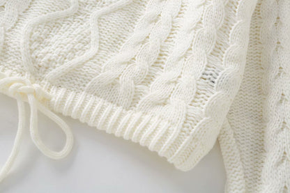 Knit Round Neck Lace-up Vintage Sweaters Crop Tops