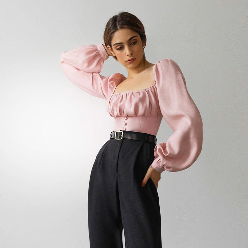 Square Collar Puff Sleeve Shirred Frill Shirts Crop Tops