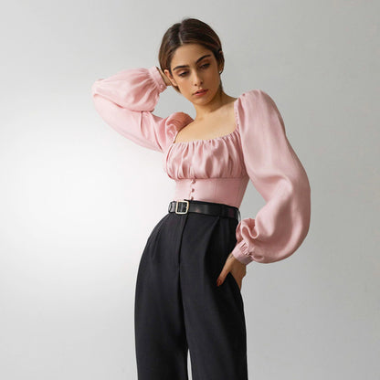 Square Collar Puff Sleeve Shirred Frill Shirts Crop Tops