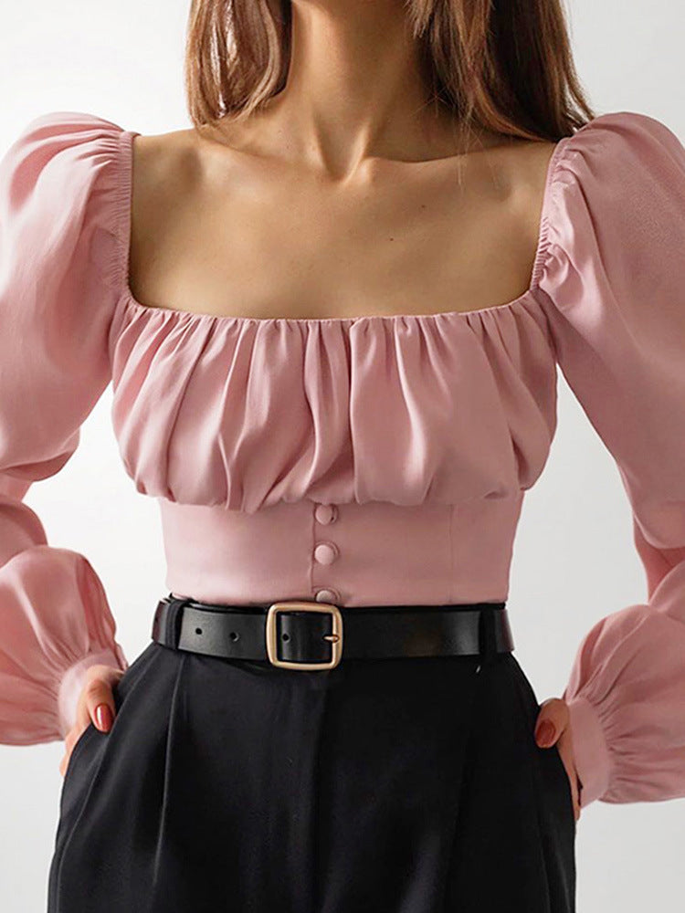 Square Collar Puff Sleeve Shirred Frill Shirts Crop Tops